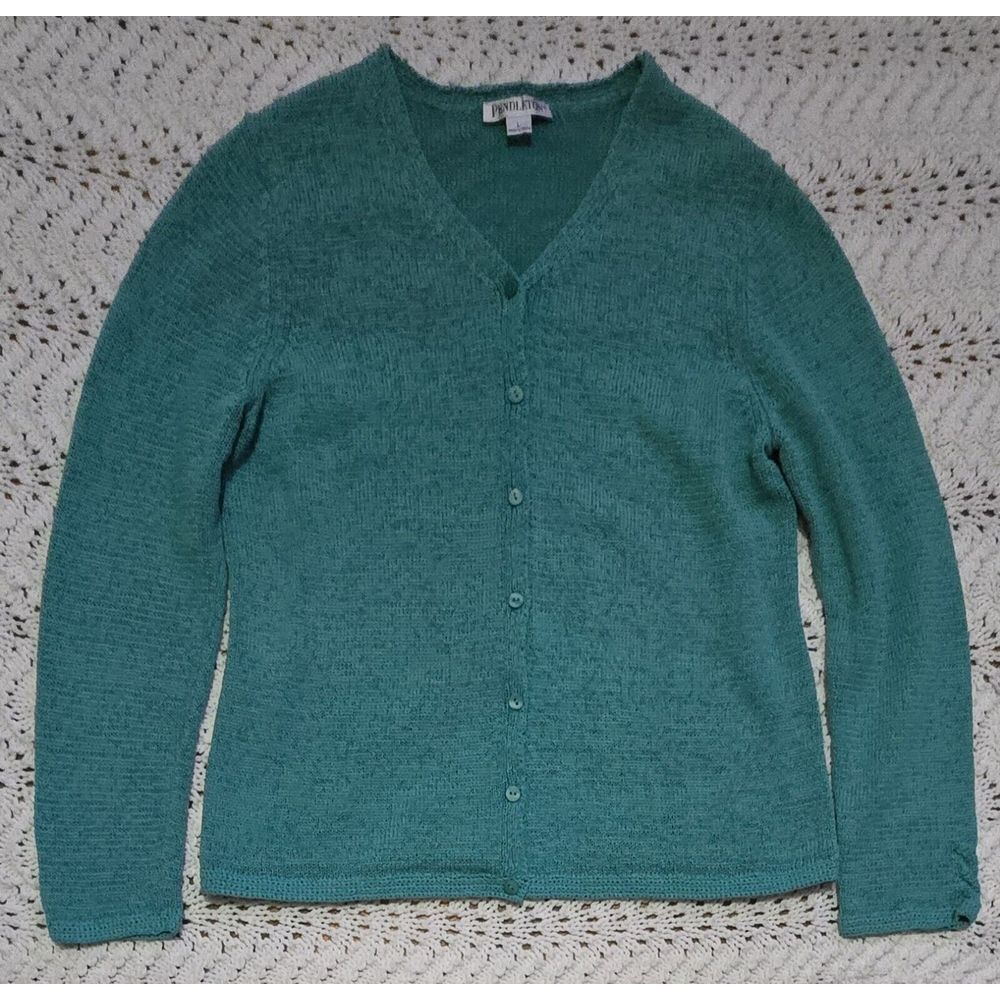 Pendleton Womens Cardigan Sweater Sz L Green Button Up Long Sleeve Cotton Preppy